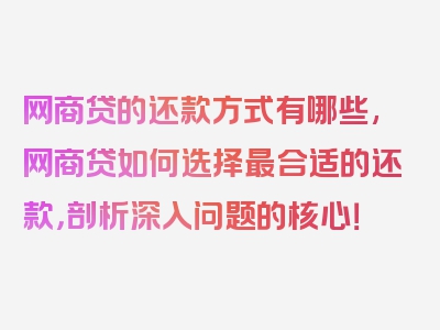 网商贷的还款方式有哪些,网商贷如何选择最合适的还款，剖析深入问题的核心！