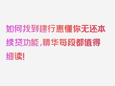 如何找到建行惠懂你无还本续贷功能，精华每段都值得细读！